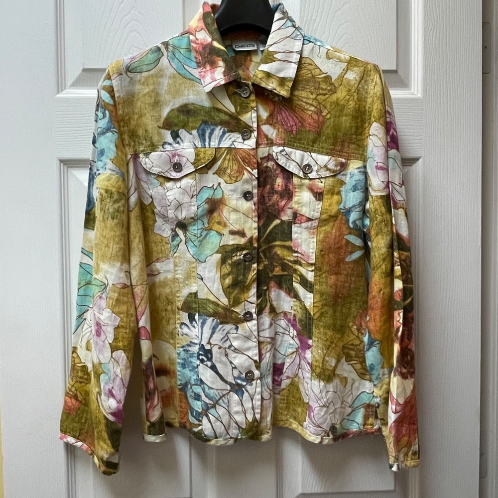 Vintage Chico's Sz 1 (M) Floral 100% Linen Shacket Shirt Jacket Lagen Artsy Boho - Picture 2 of 15